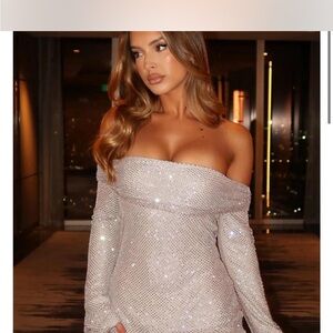 White Fox Boutique Shimmering Silver Off-Shoulder Dress